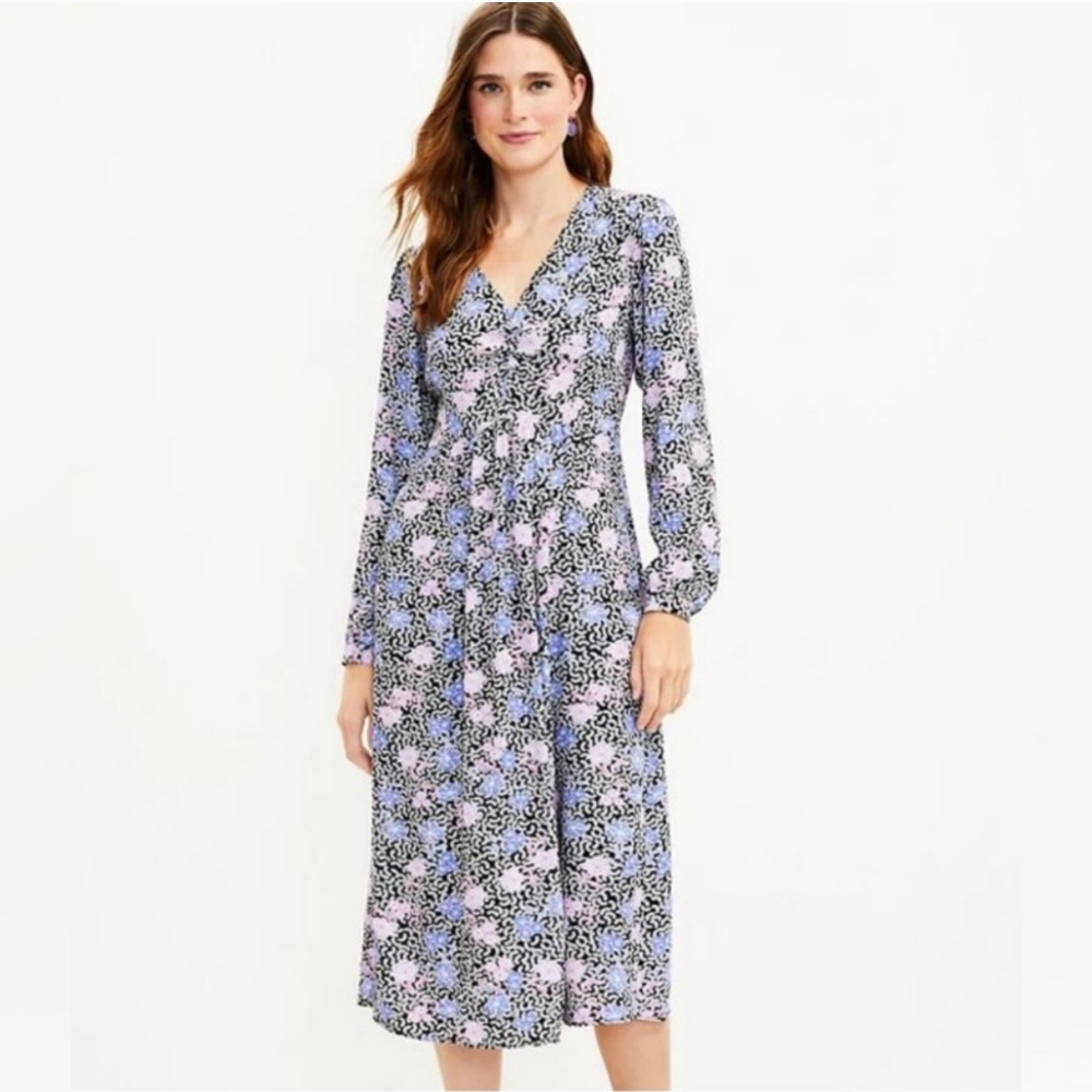 LOFT Floral Ruchid Midi Dress Long Sleeve